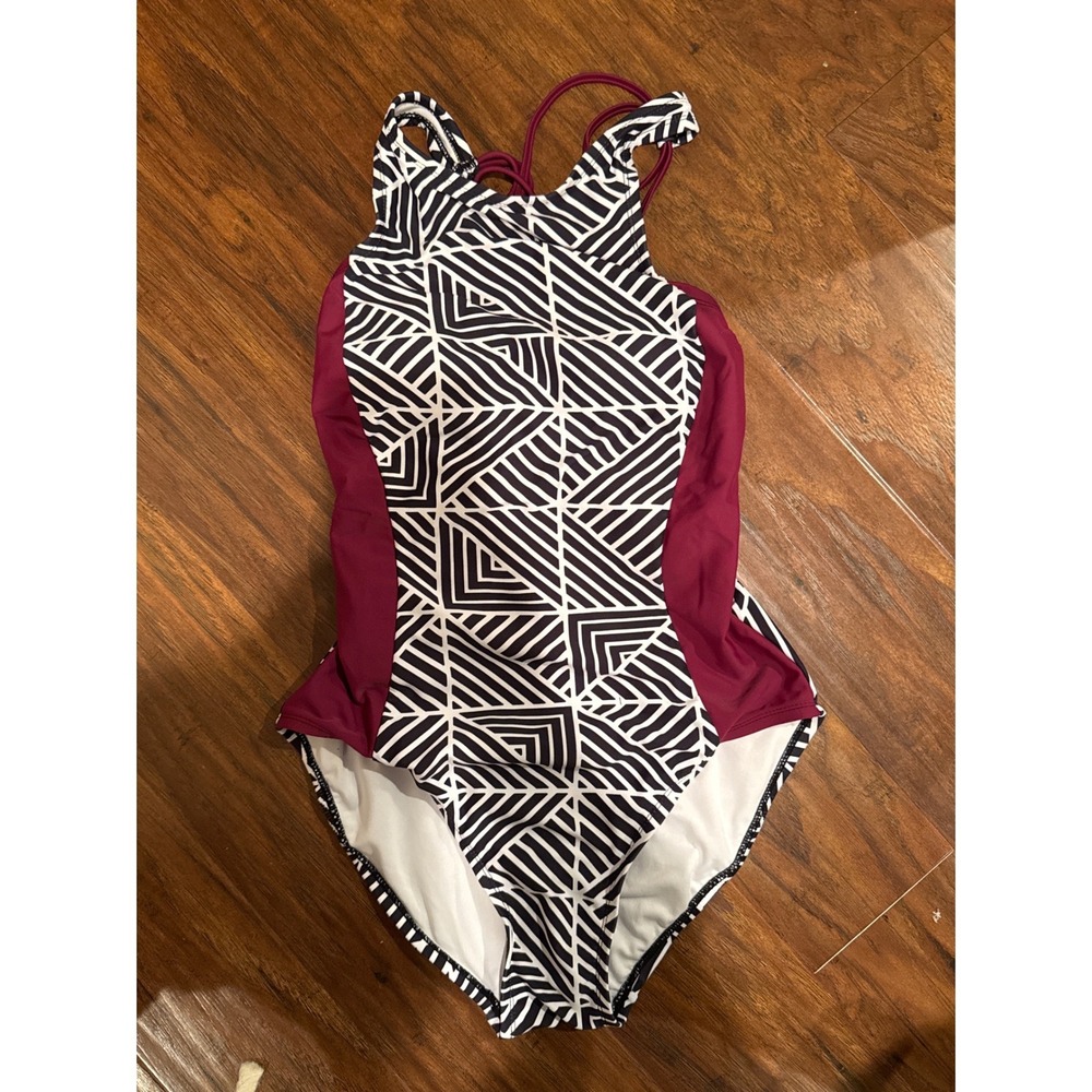 Kinesis Womens Geometric One Piece Swimsuit Burgundy Black White Strappy Back S